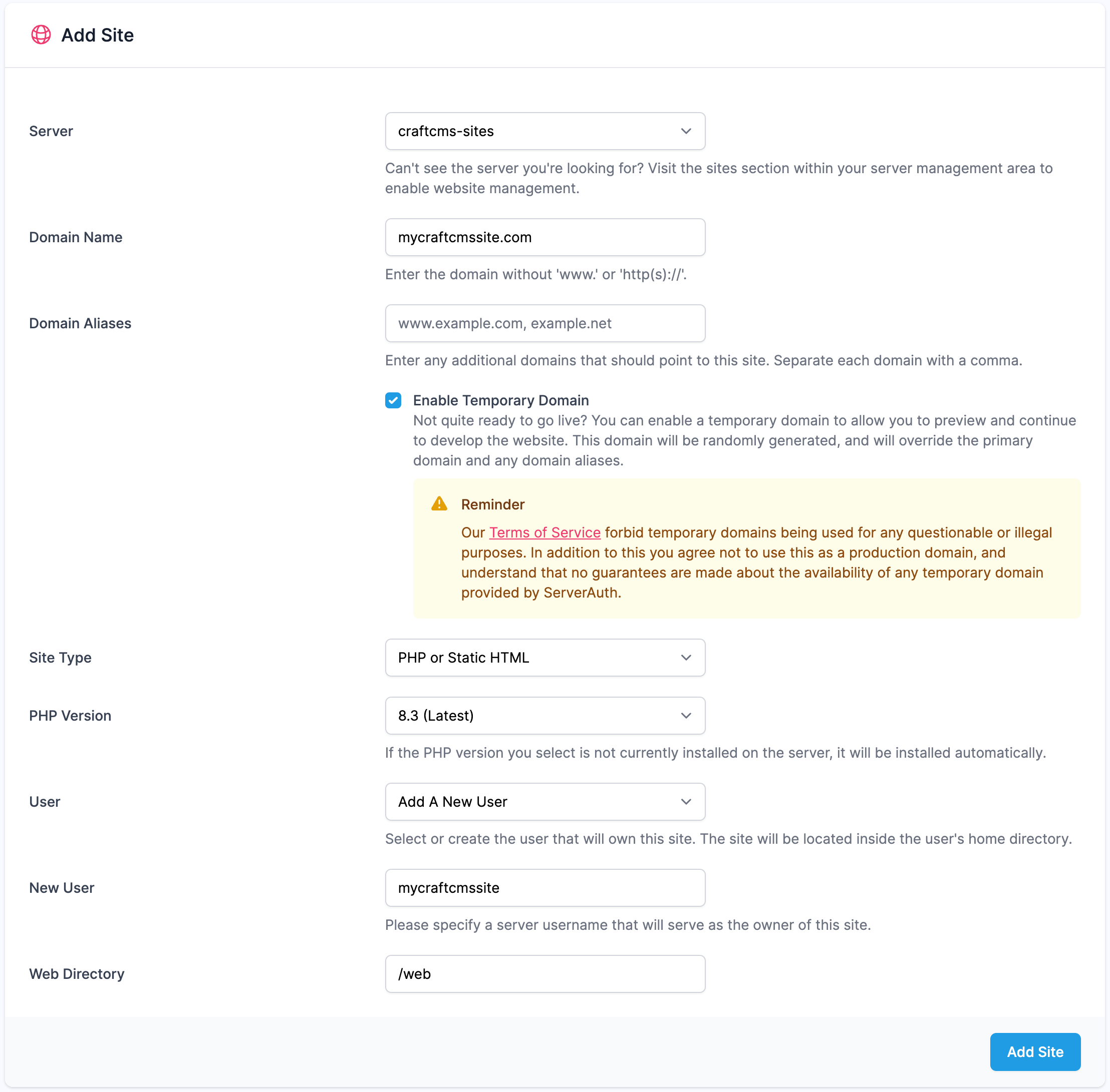 Screenshot showing the ServerAuth add site form