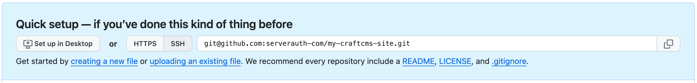 Screenshot showing repository quick setup