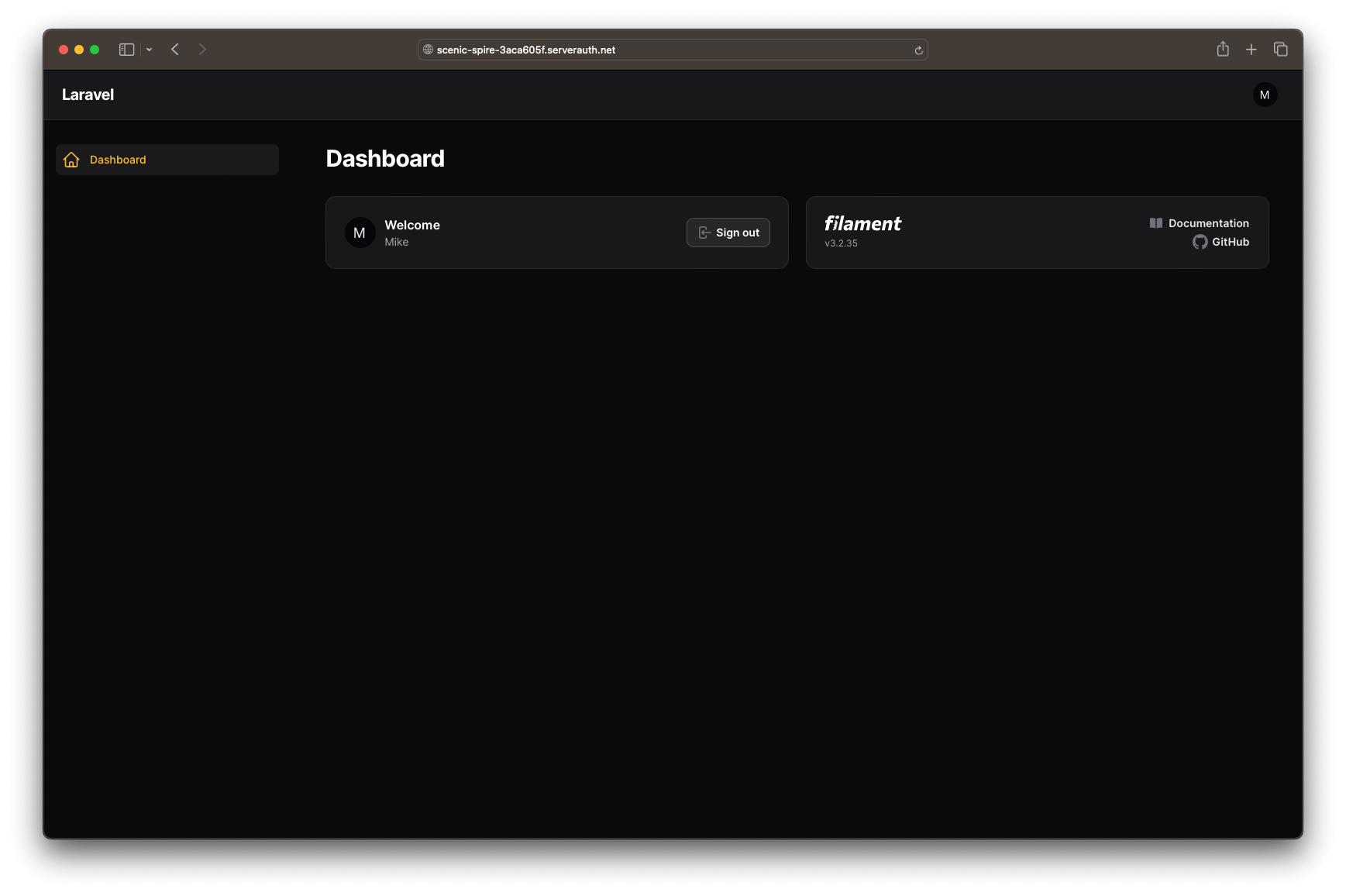 Screenshot showing Filament admin dashboard