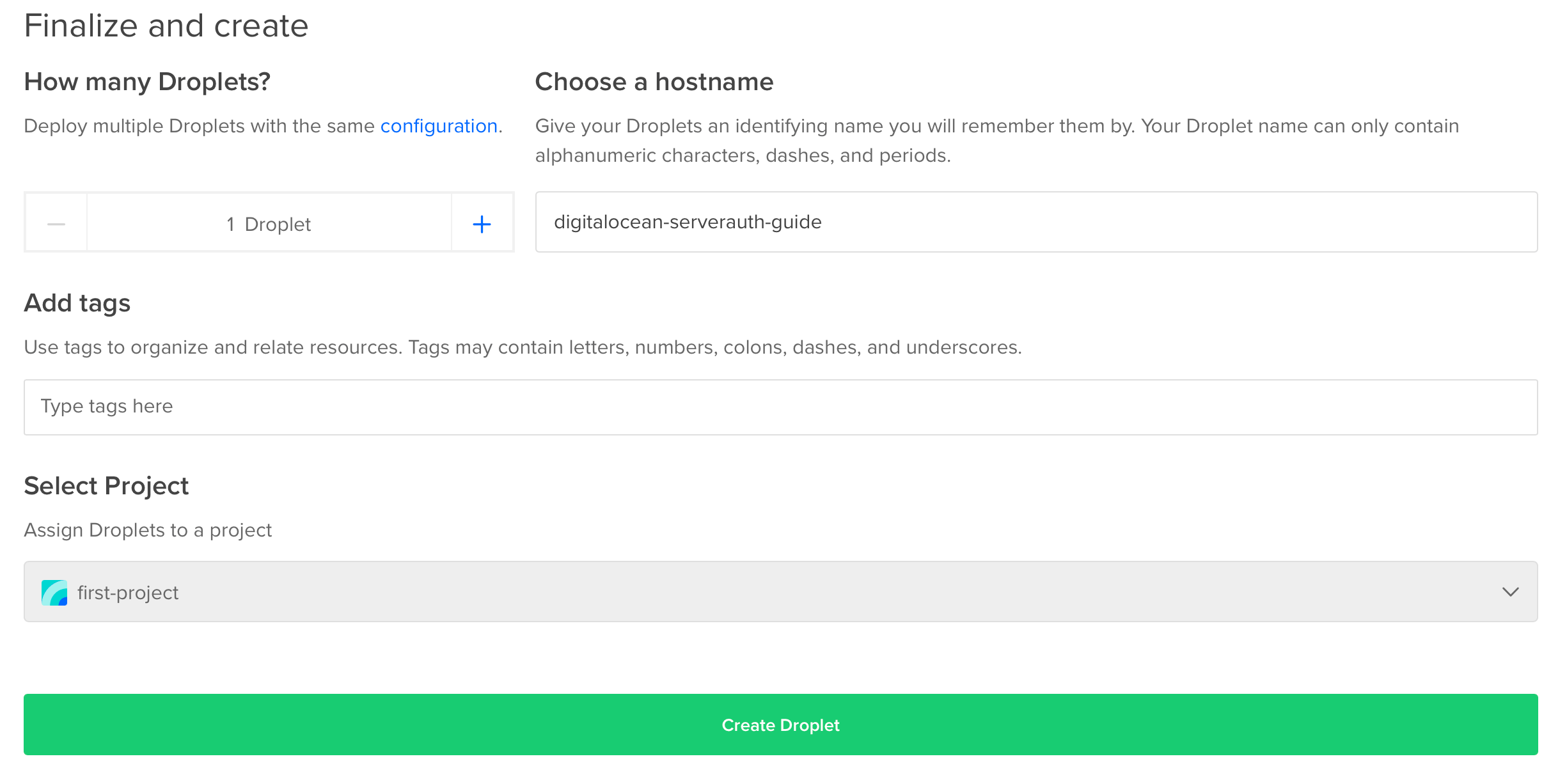 Screenshot showing choosing a hostname and creating a droplet
