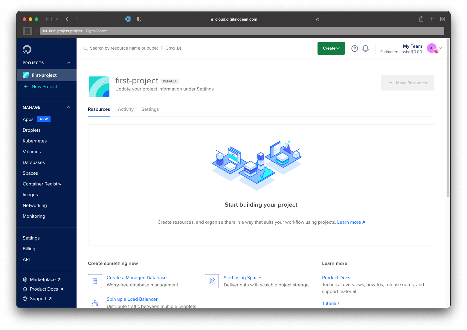 Screenshot showing DigitalOcean control panel