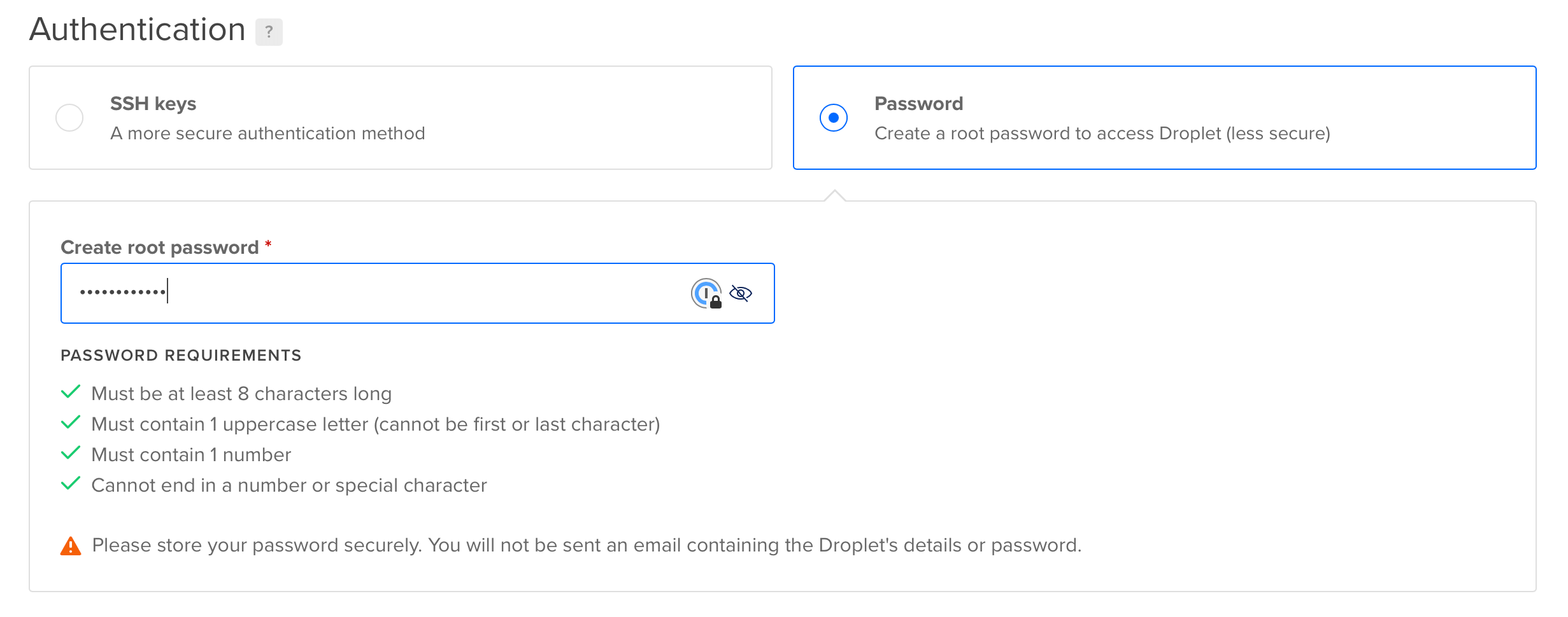 Screenshot showing the authentication selection
