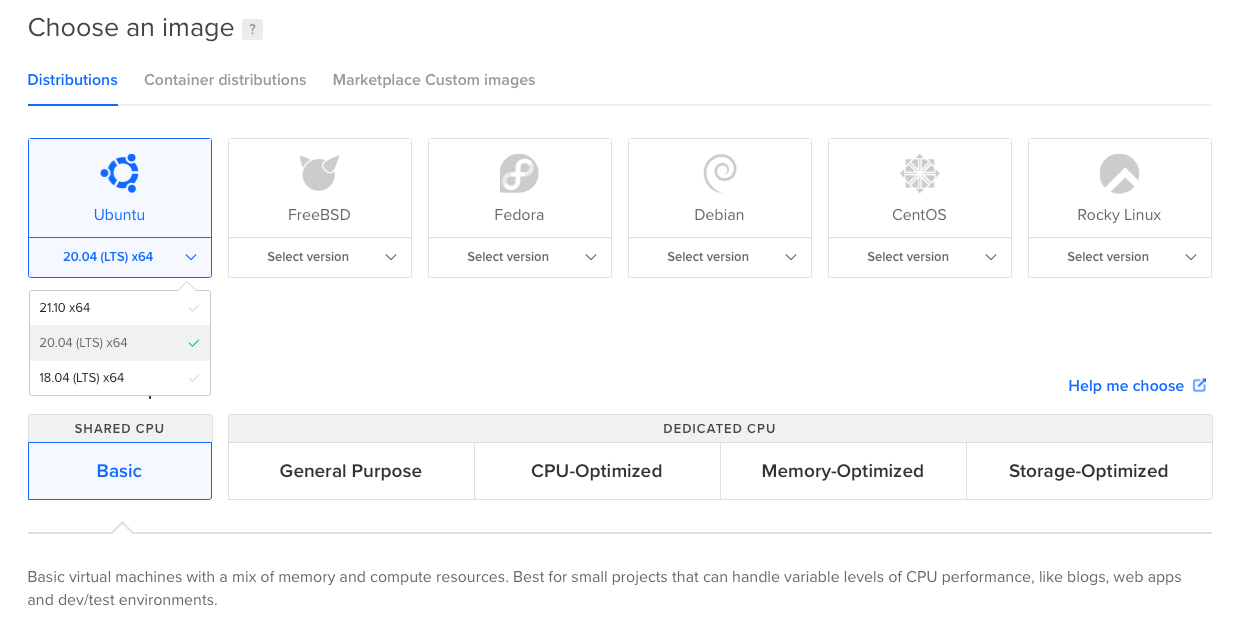 Screenshot showing selection of ubuntu 20.04