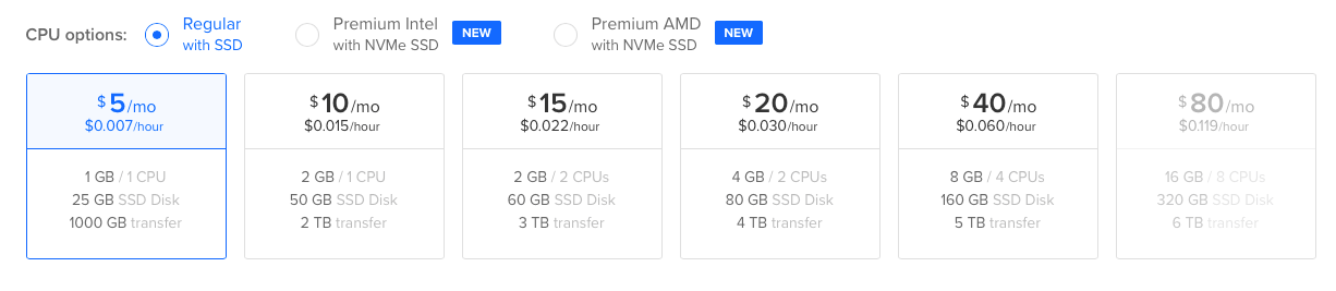 Screenshot showing the server size selection options