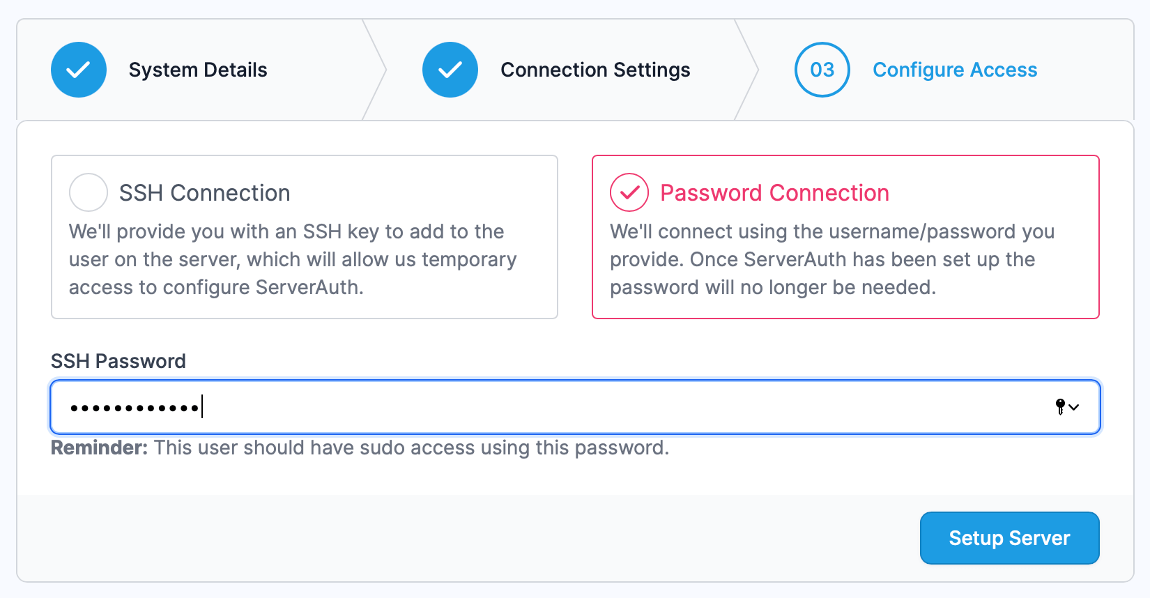 Screenshot showing the password option step