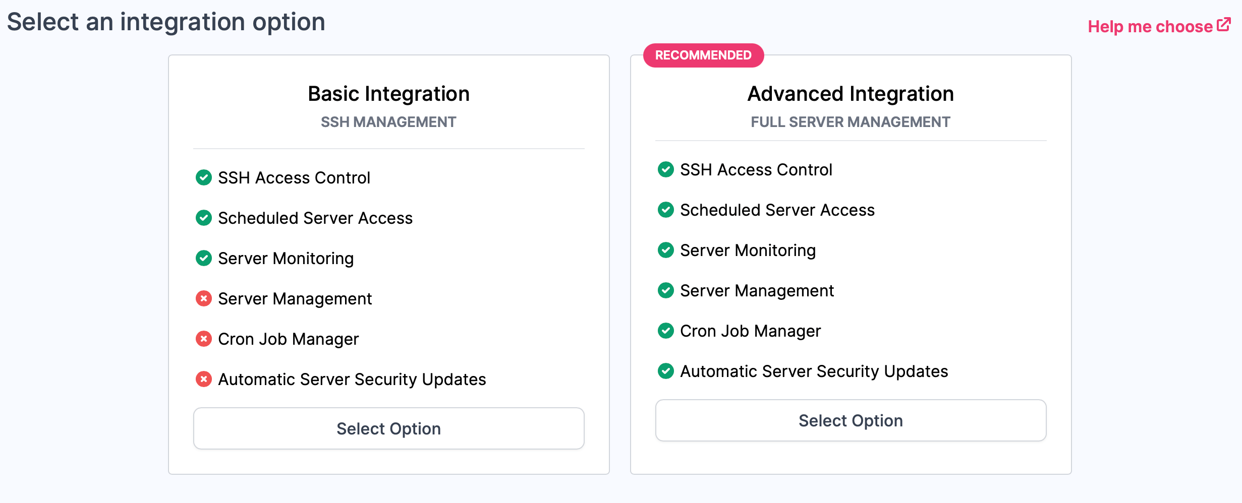 Screenshot showing the integration options