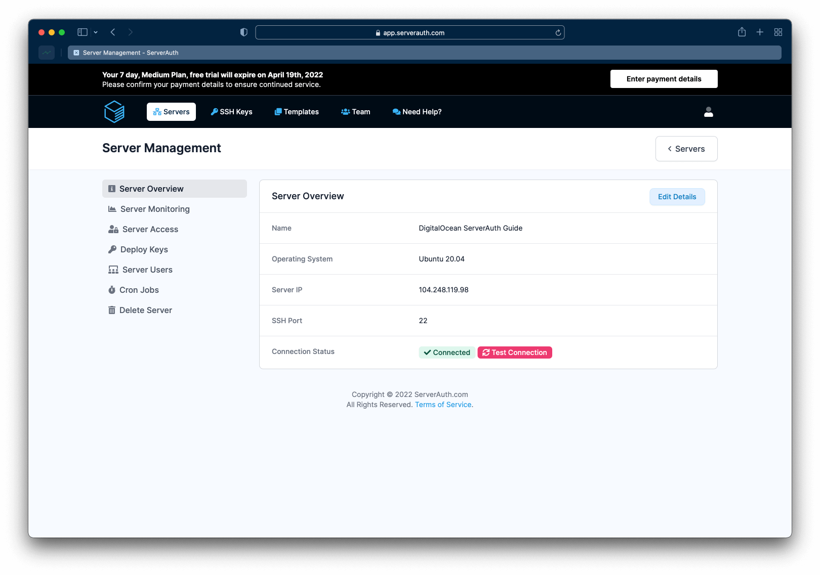 Screenshot showing the server management page after setup