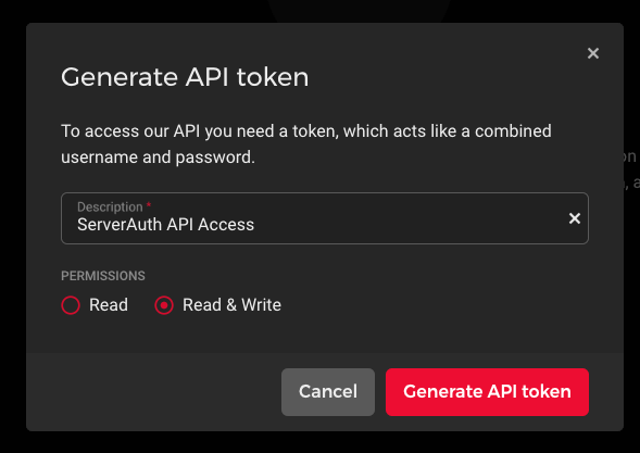 Screenshot showing Hetzner API token generation modal