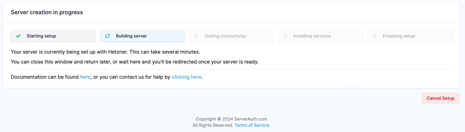 Screenshot showing ServerAuth server building screen via server provider