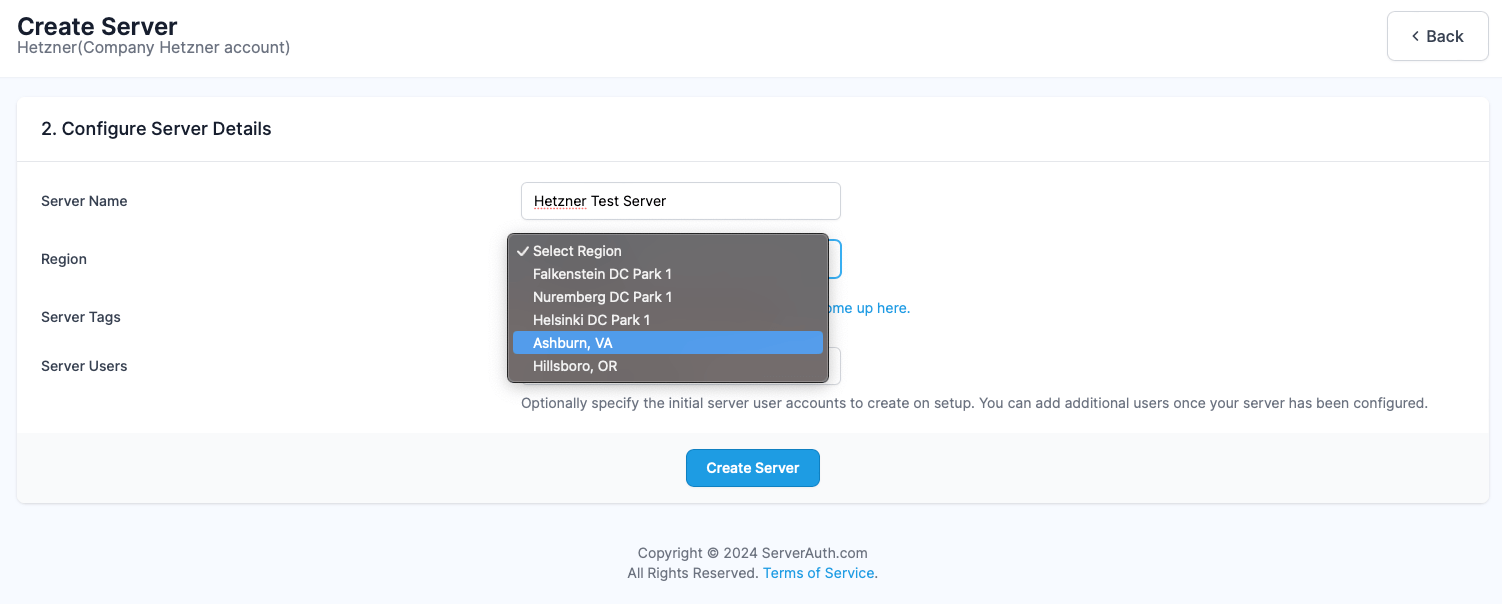 Screenshot showing ServerAuth create server step 1