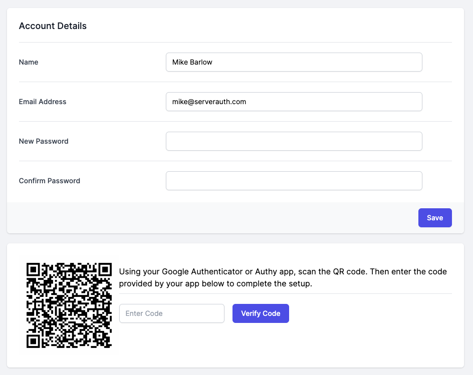 2FA QR Code and code verification box