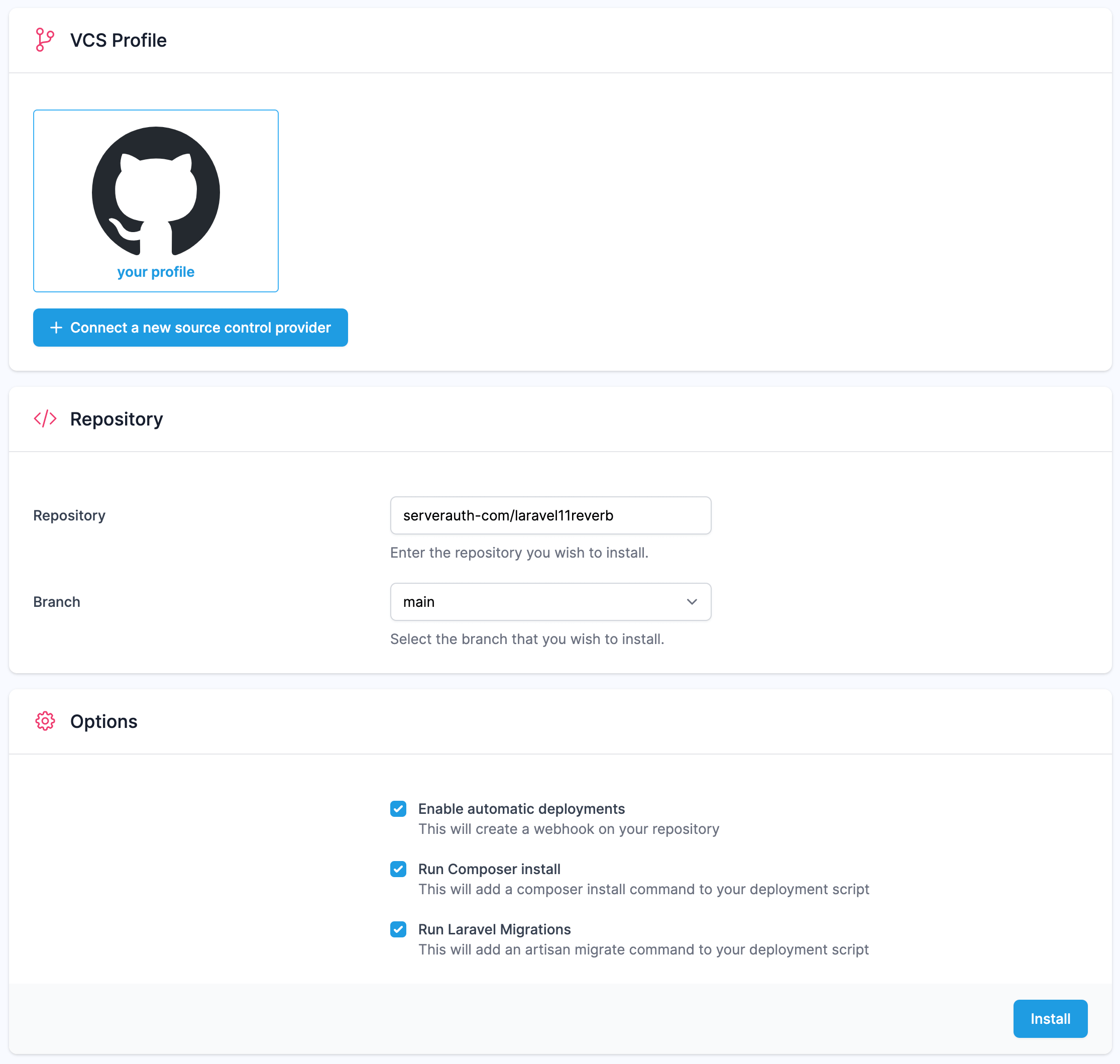 A screenshot showing how to configure ServerAuth for Laravel Reverb deployments