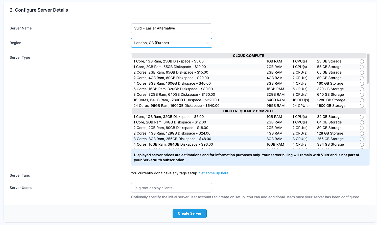 Screenshot showing the Vultr Prices and server types