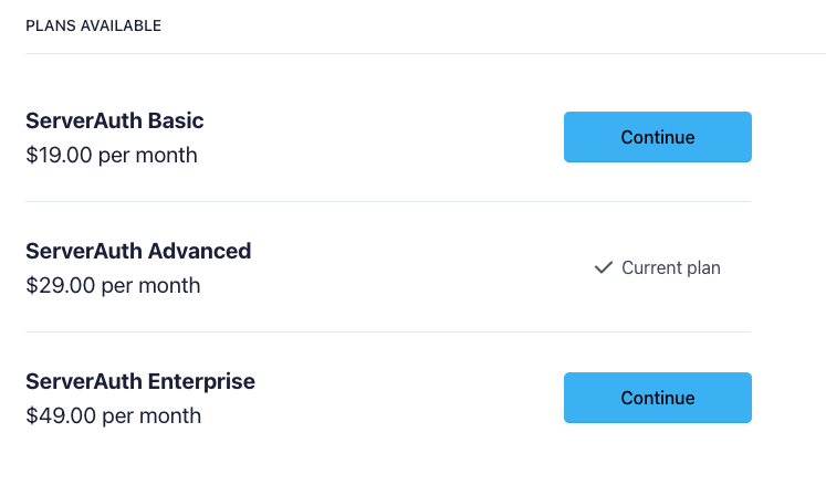 Screenshot showing the available plans