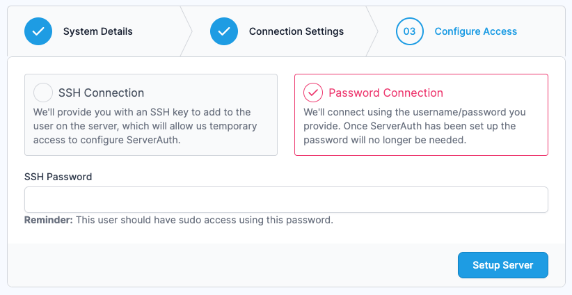 Screenshot showing the password connection option when creating a server