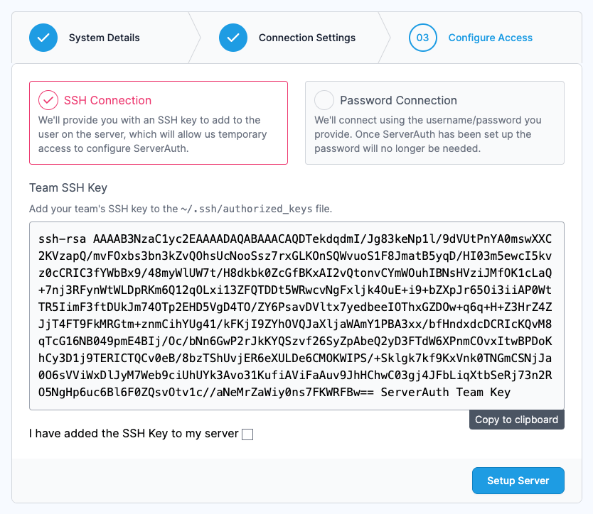 Screenshot showing the SSH Key Connection option when creating a server