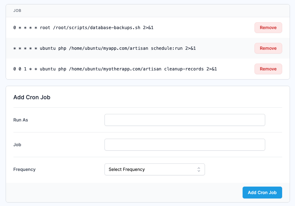 Screenshot showing the cron job management screen