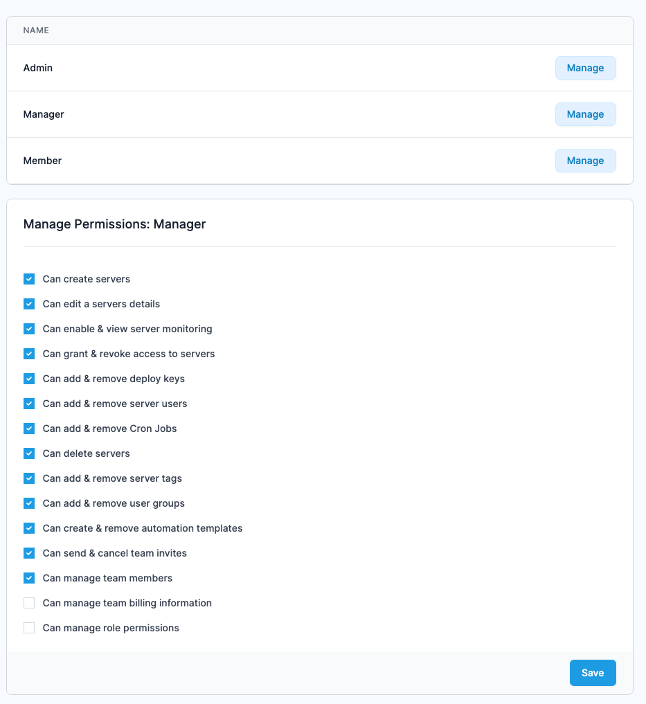 Screenshot showing the manage permissions form