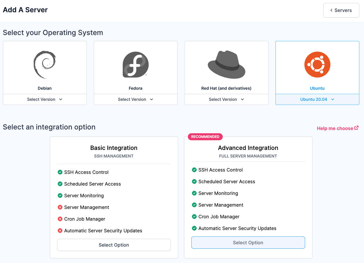 Screenshot showing the integration options