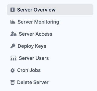 Screenshot showing the sub menu for servers