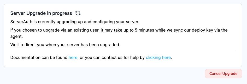 Screenshot showing the server upgrade pending screen