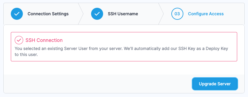 Screenshot showing the SSH Deploy Key connection option for upgrading a server