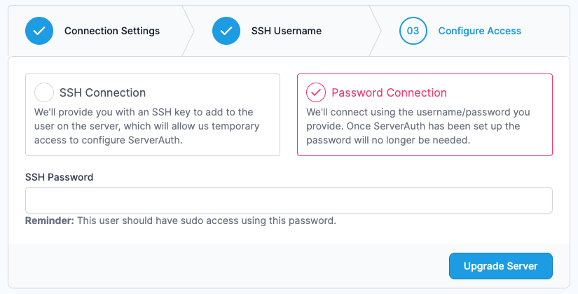 Screenshot showing the password connection option when upgrading a server