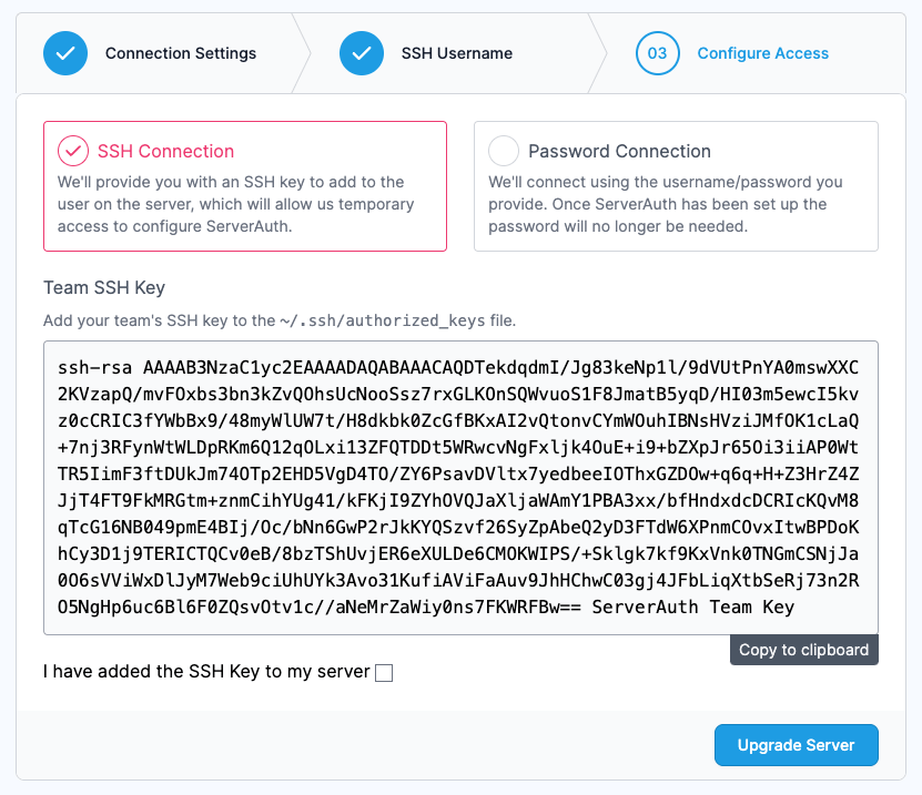 Screenshot showing the SSH Key Connection option when upgrading a server