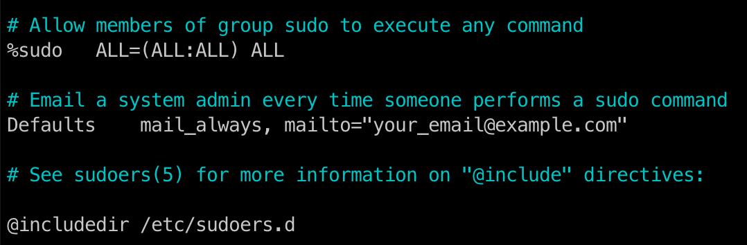 A screenshot showing how to edit your sudoers file to enable sudo email notifications.